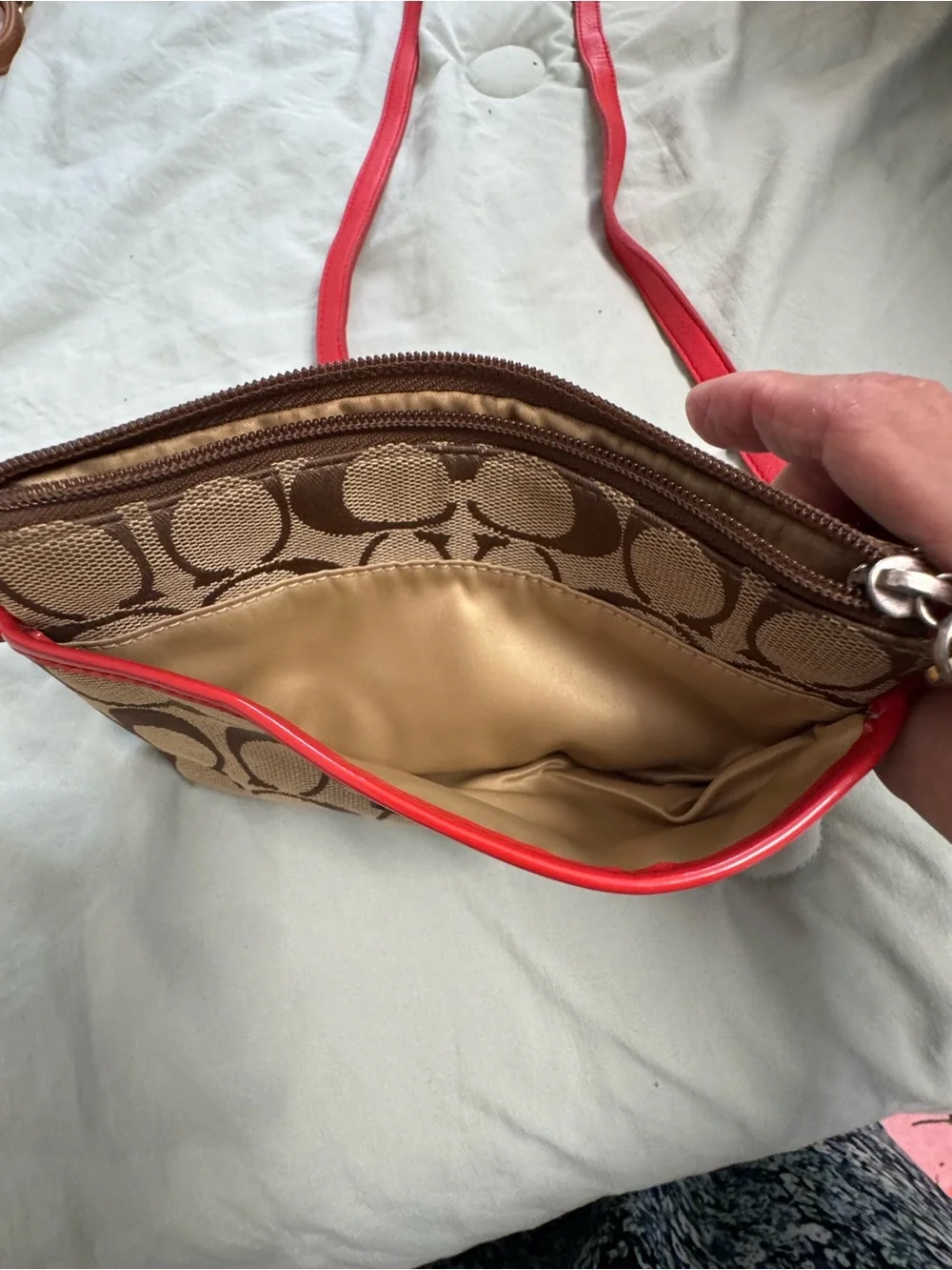 Coach Signature Jacquard Crossbody Bag with Orange Strap